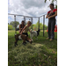 Two adults and a child in a pen with two goats.